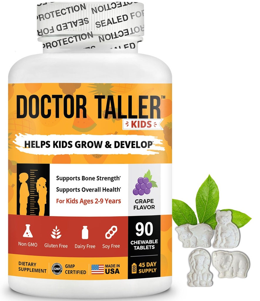Doctor Taller Kids - Multivitaminas Infantiles, Vitaminas Toddler - Soporte Bone Strength, Inmunity Mejorada con Calcio, Multivitaminas para Edades 2 a 9 - Grape Flavor - 90 Tablas Chewable ← 6 Semanas Suministro