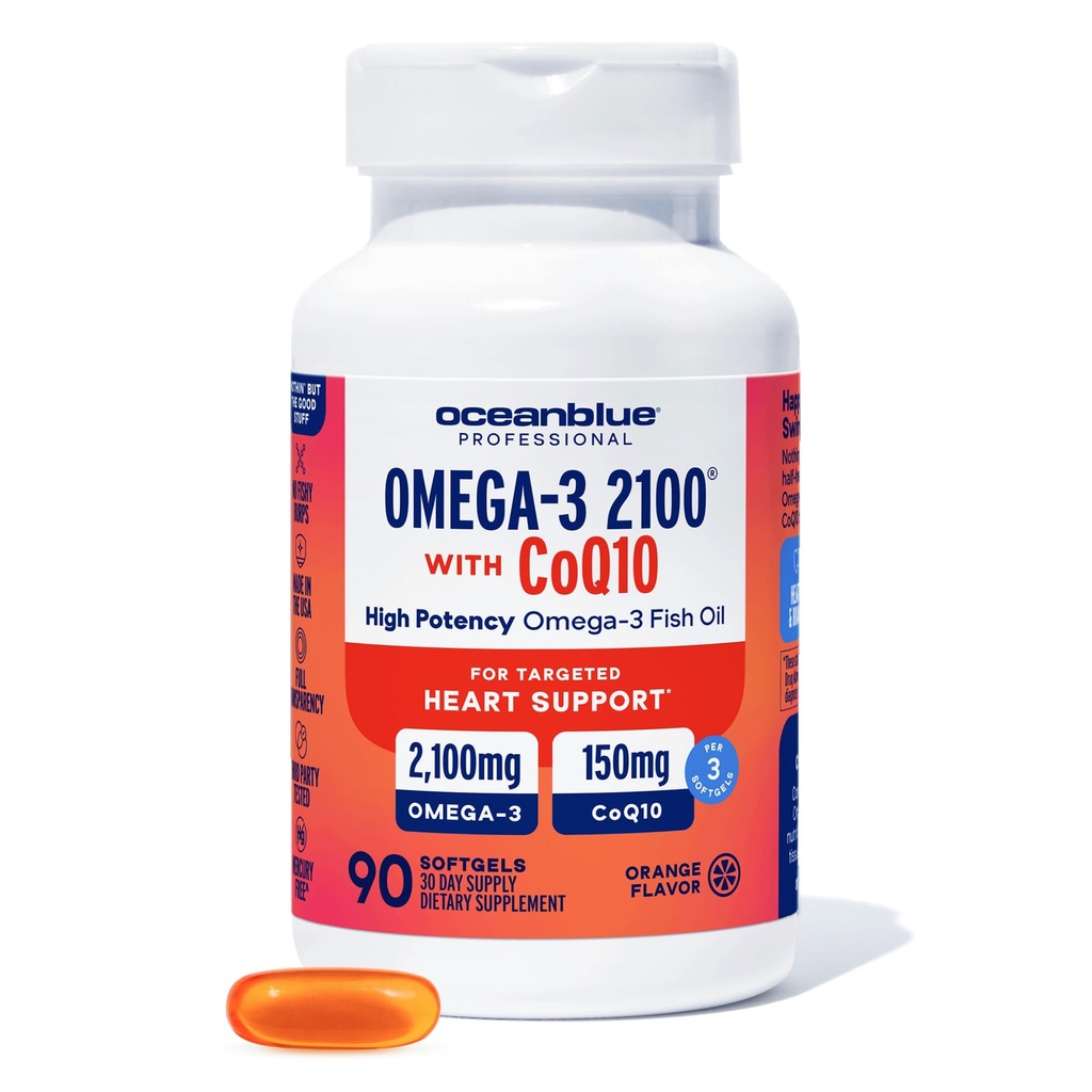 Oceanblue Omega 3 2100 con CoQ10  sometida Triple Strength Fish Oil Combo Suplemento Silencio 1350MG EPA 650MG DHA 150MG DPA con 150MG CoQ10 Silencio Orange Flavor Silencioso Corazón Sostenibilidad 90 Softgels