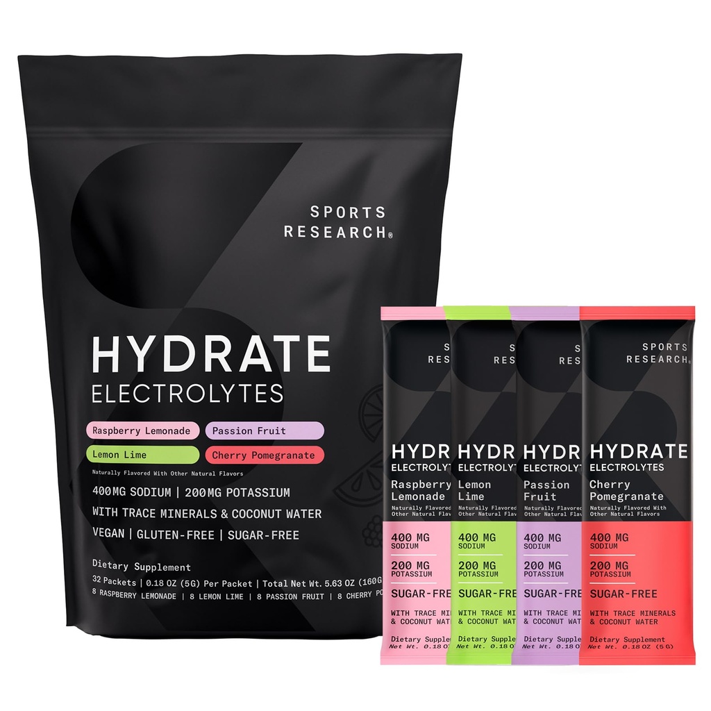 Sports Research® Hydrate Electrolytes Powder Packets - Sin azúcar y naturalmente saboreado con vitaminas, minerales y agua de coco - Asistencia Hidratación - 32 Packets - Variedad Pack