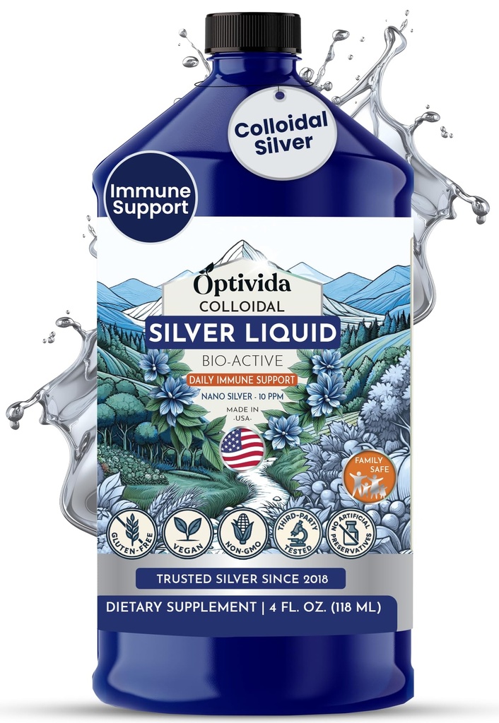 Optivida Health Colloidal Silver Liquid (32 oz) – Premium Nano Silver Colloidal Supplement for Daily Wellness &amp; Immune Support, Natural Liquid Silver Hydrosol for Adults &amp; Kids, Non-GMO, Gluten-Free