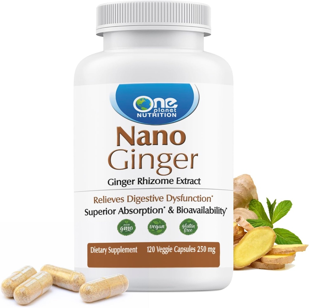 One Planet Nutrition Nano Ginger Root 250 mg Veggie Capsules (120 Servings), Pure Ginger Root Extract, Nano for Superior Absorption, Enhances Digestive Health, Non-GMO, Vegan Gluten Free