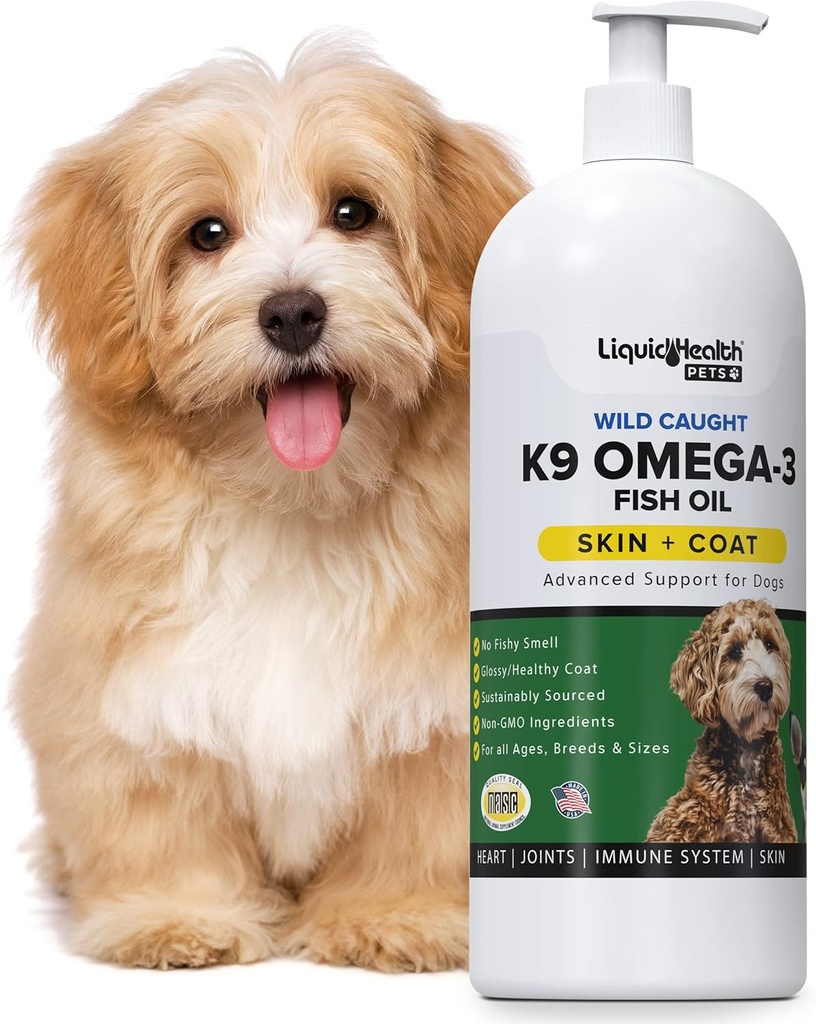 Salud líquida Mascotas K9 Omega 3 Aceite de pescado para perros - Omega líquida 3 Suplemento para mascotas con EPA + DPA + DHA - Reducir el picor, Juntas de apoyo, inmunidad, cerebro y salud cardíaca - USA Made (16 oz)