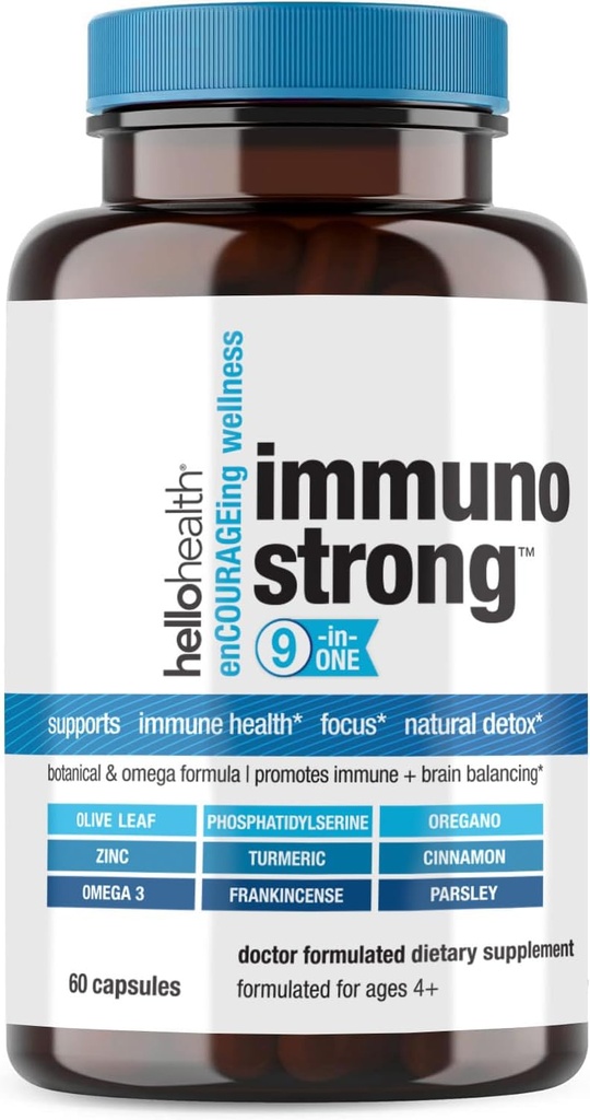 Soporte diario Inmunitario Suplemento Inmunostrong 10-en-1 Vitaminas de Inmunidad con Booster Inmuno, Hoja de Oliva, Antioxidante calma Omega 3, Curcumina Turmérica y vitaminas de zinc para adultos &amp; niños -60 ct