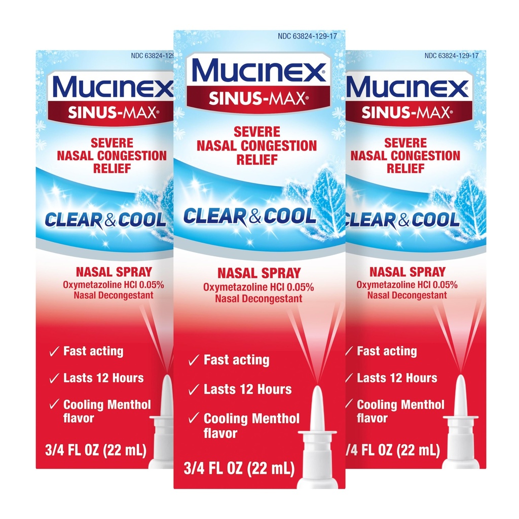 Mucinex Sinus-Max Nasal Spray Decongestant, 12 horas Over-The-Counter Medication Nose Spray for Sinus Relief, Nasal Decongestants for Adults, Cooling Menthol, 0.75 Fl Oz (Pack of 3)