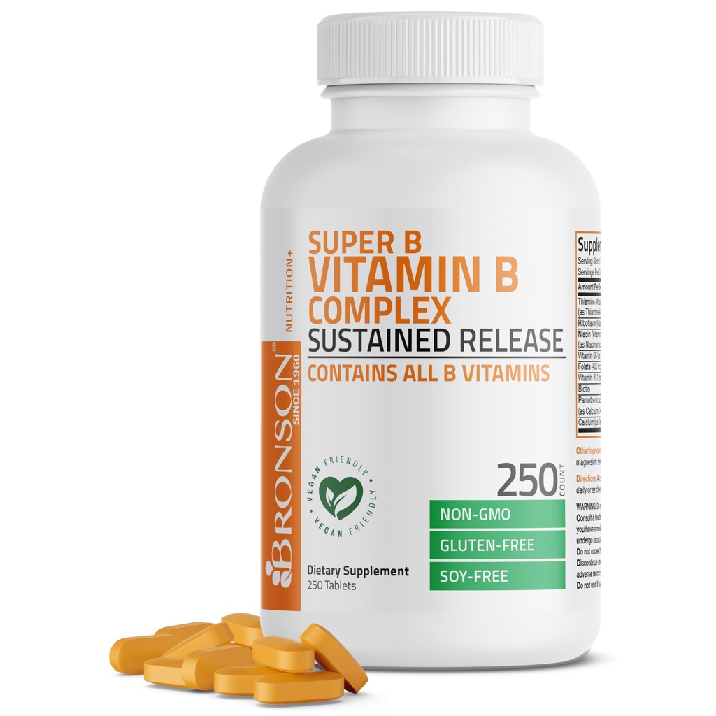 Bronson Super B Complejo de vitamina B Sujeto Slow Release (Vitamin B1, B2, B3, B6, B9 - ácido fólico, B12) Contiene Todas las vitaminas B 250 Tablets