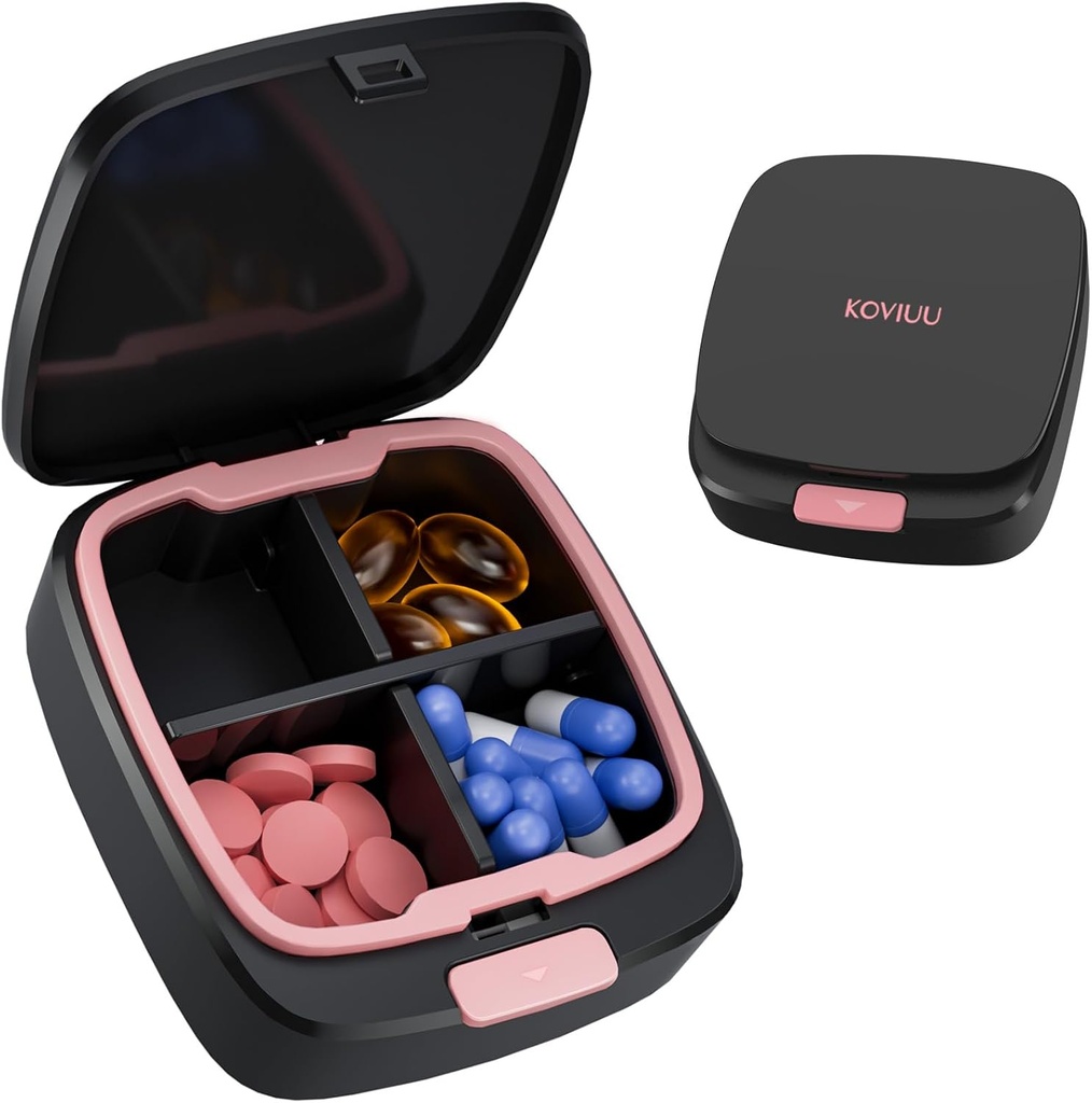 Caja de Píldora diaria 4 veces al día, caja de Píldora pequeña, Organizador de Píldora de Viajes, 4 piezas Compacto Contenedor de Píldora portátil para vitamina, medicina, suplemento, aceite de pescado, rosa