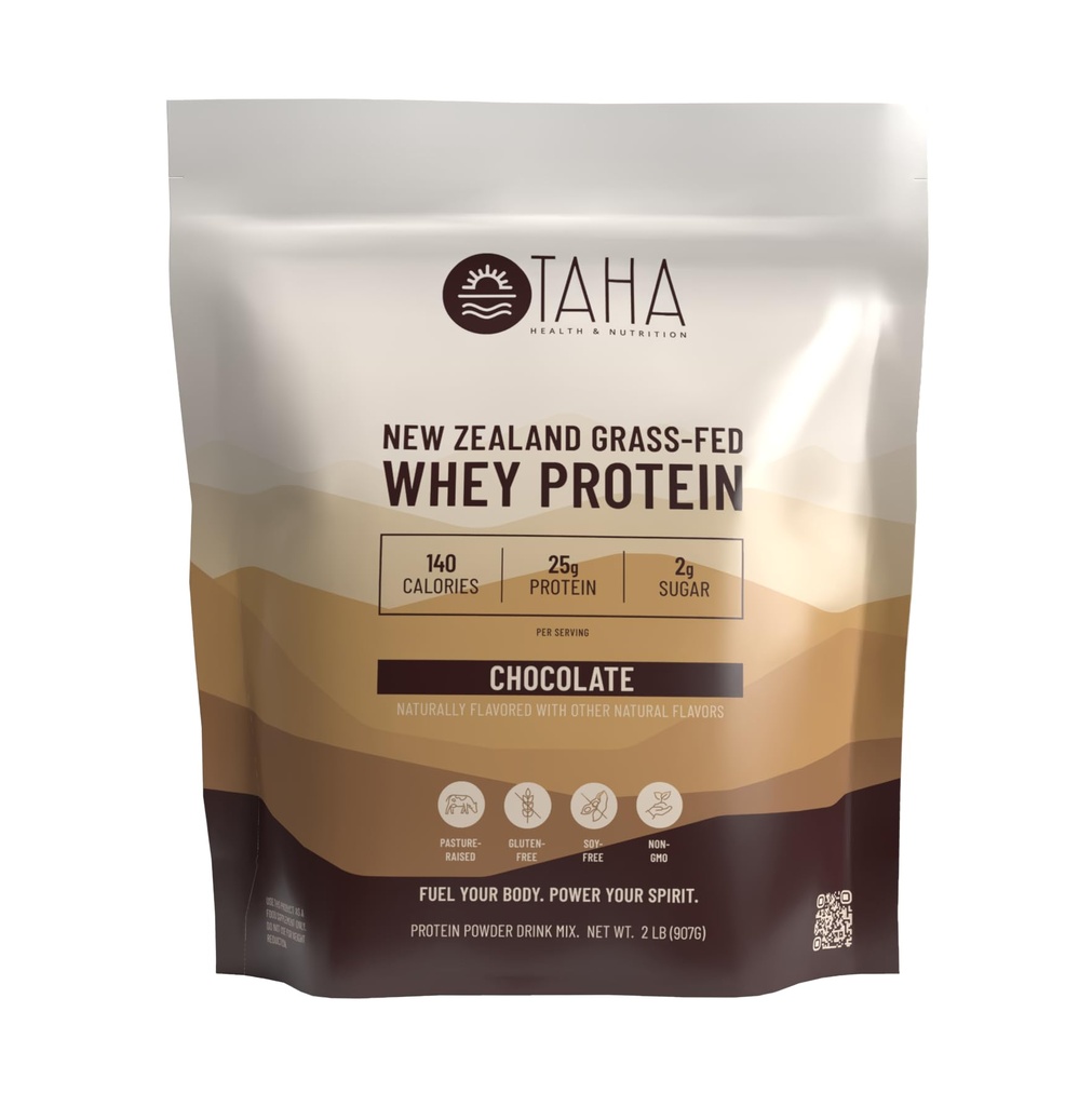 Taha Health & Nutrition Chocolate Flavored Whey Protein Concentrate Powder, 25g Protein, 140 Calories, 2g Sugar | New Zealand Grass-Fed, Free-Range Dairy | Gluten and Soy Free, Keto, Kosher | 2LB