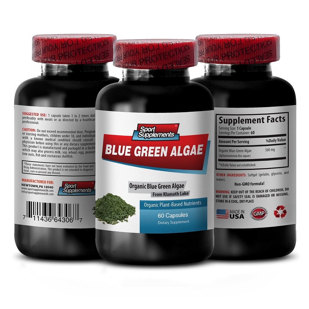 Suplemento herbal puro - Klamath Blue Green Algae 500mg - Aumentar los niveles de energía, mejorar la digestión y mejorar el sistema inmunológico, spirulina, cloella, Klamath Blue Green Algae Powder - 1B 60 cápsulas