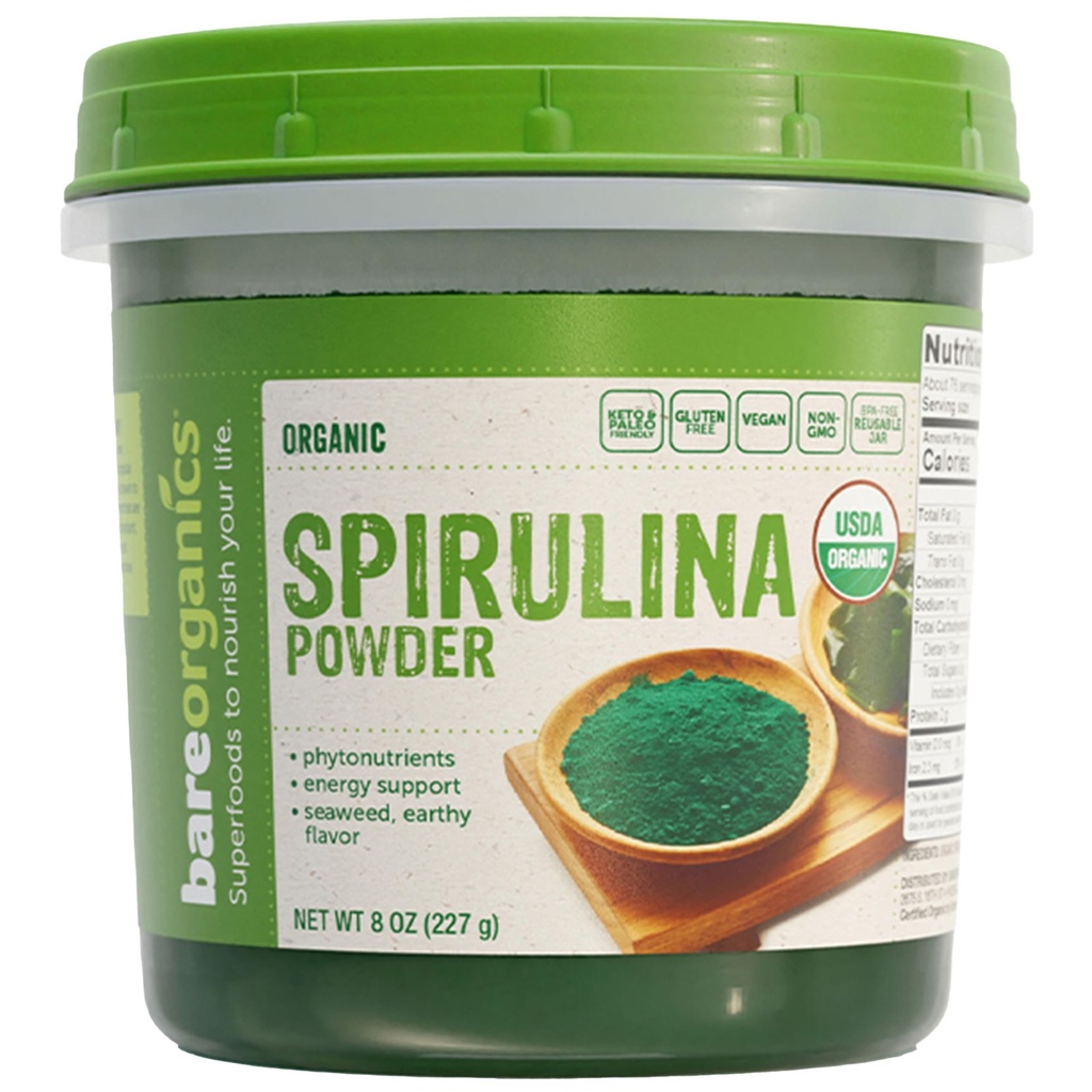 BareOrganics Spirulina Powder - Orgánico Superfood Powder - Vegan, No Gluten-Free - Alta Proteína, Antioxidante-Rich para Smoothies, Jugos, Shakes " Daily Wellness, 8 Oz