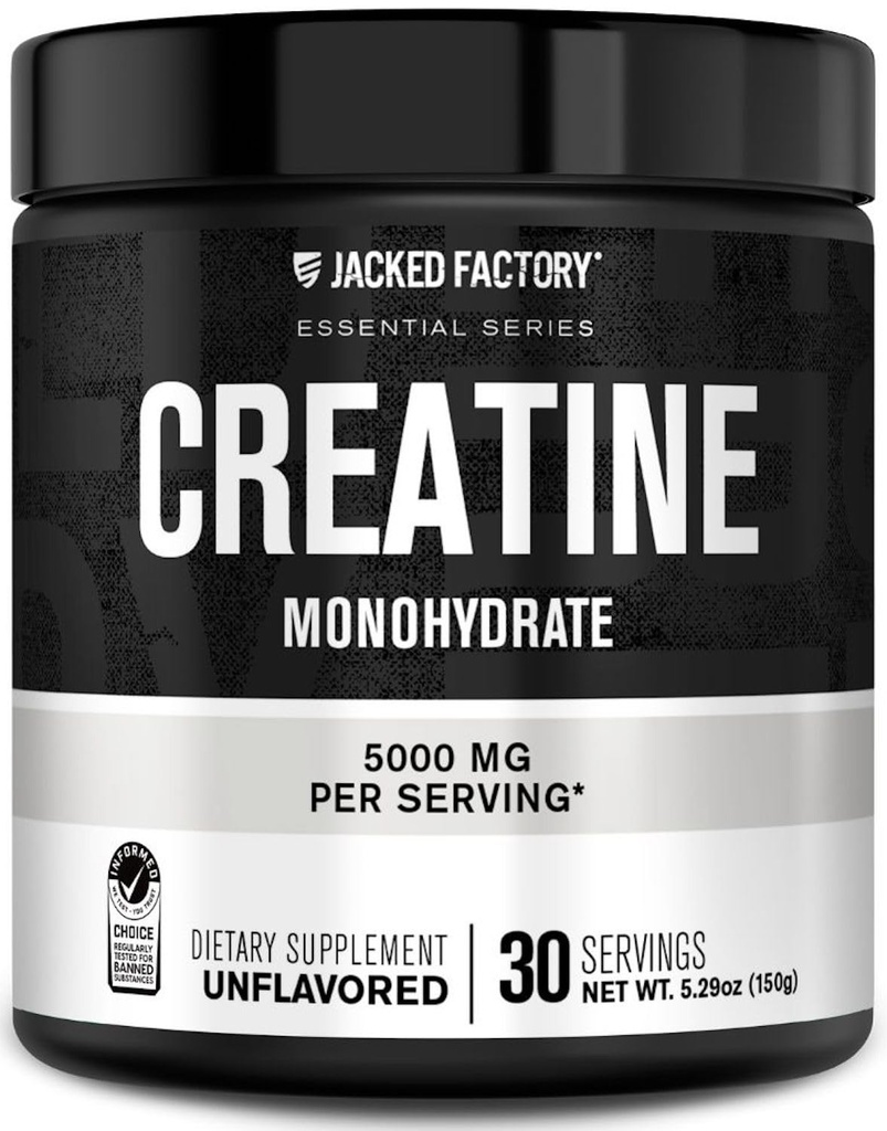 Funda de Monohidrato de la Fábrica Jacked Creatine 150g - 5g Suplemento diario de Creatina para Hombres y Mujeres, Vegan-Friendly, Terceros Tested - 30 Servimientos, Desflavorado