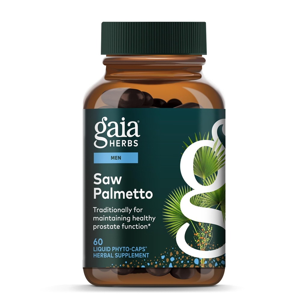 Gaia Herbs Saw Palmetto - Soporta la función saludable de la próstata para los hombres - Contiene Saw Palmetto y Lecithin de la semilla de girasol para apoyar la salud de los hombres - 60 Vegan Liquid Phyto-Capsules (30-Day Supply)