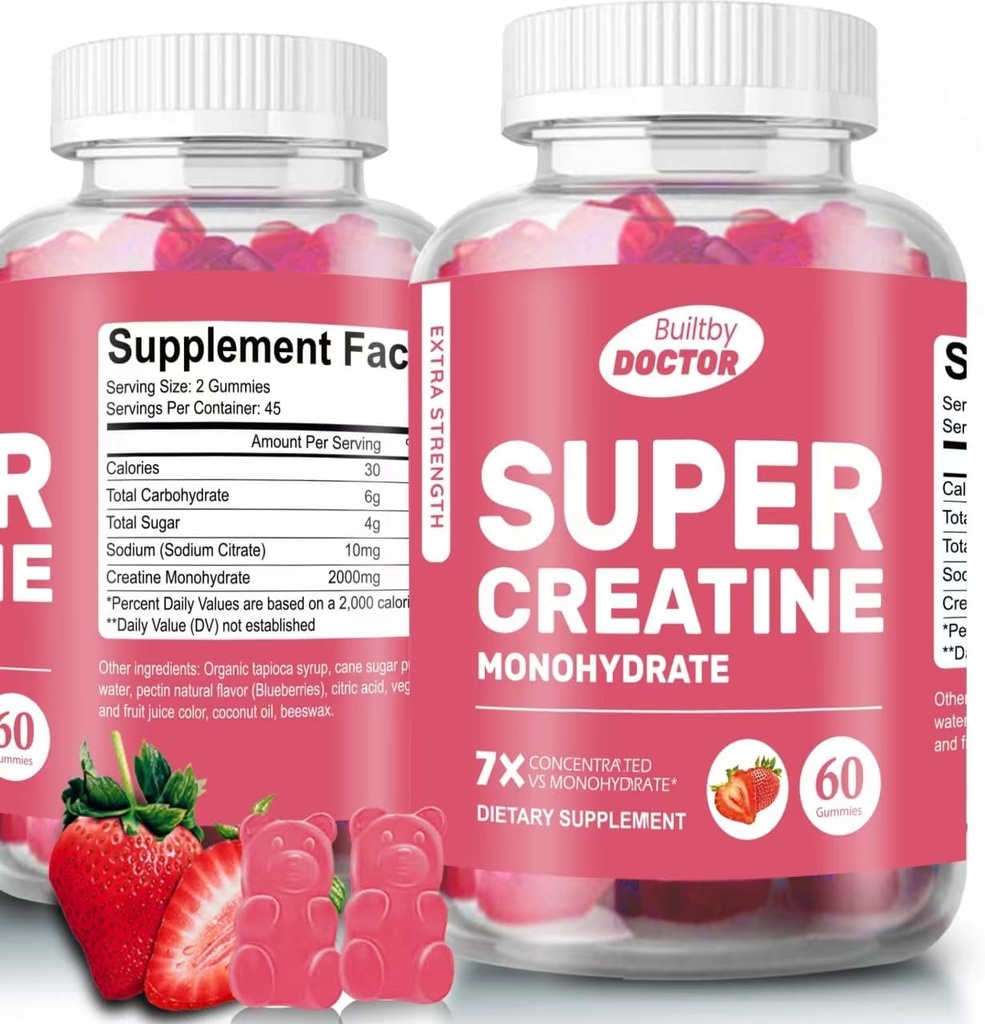 Super Creatine Monohydrate Gummies for men and women, Sugar-Free, 30 Servings, 5g of Creatine Por Serving, Vegan, Gluten-Free, Bodybuilding Recovery Suplemento para aumentar el tamaño del músculo y la fuerza