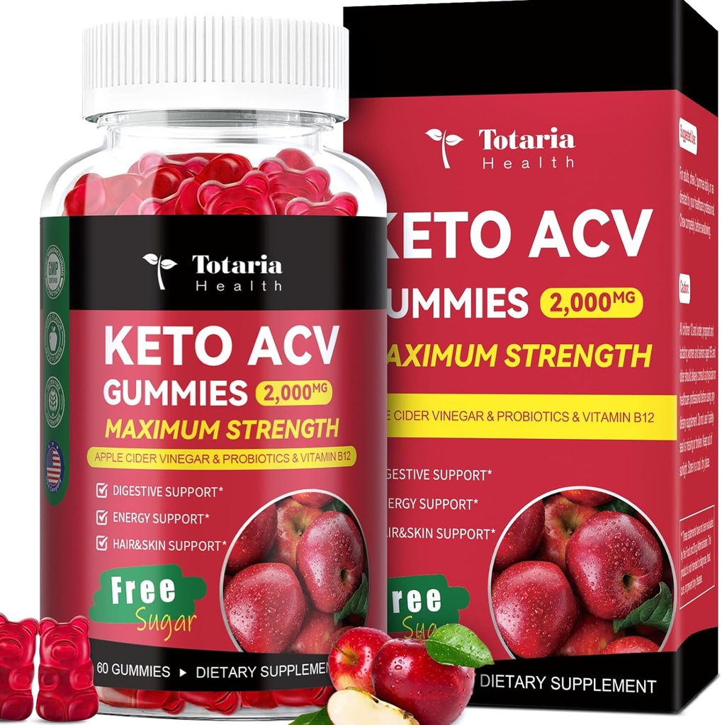 Totaria Keto ACV Gummies - 2000mg Apple Cider Vinegar Gummies Sugar-Free Support Stature Health with Probiotics, B12, Keto Supplements for Women & Men, 60 Counts