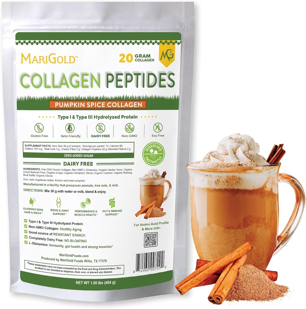 MariGold Grass-fed Collagen Peptides Powder Pumpkin Spice 1LB - 100% Pure, Type I & III Bovine Hydrolyzed Collagen, Non-GMO, Hormone Free, Soy Free, Gluten Free, Dairy Free, Keto-Friendly