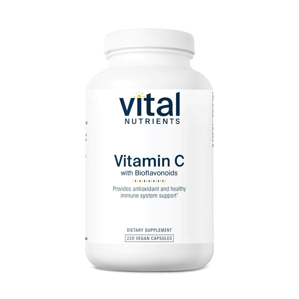 Nutrientes Vitales Vitamina C con Bioflavonoides ← Suplemento Vegan para Apoyo Inmunitario*  1000mg Vitamina C y 500mg Citrus Bioflavonoid ← Gluten, Dairy and Soy Free ← Non-GMO ← 220 Capsules