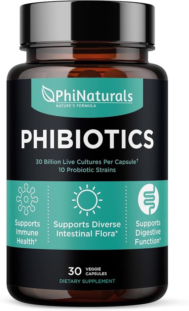 PhiNaturals High Potency Probiotics 10 Strains 30 Billion CFUs [30 Vegan Capsules] for Women and Men Digestive Gut Health - Lactobacillus Acidophilus Salivarius Rhamnosus Bifidobacterium Probioticos