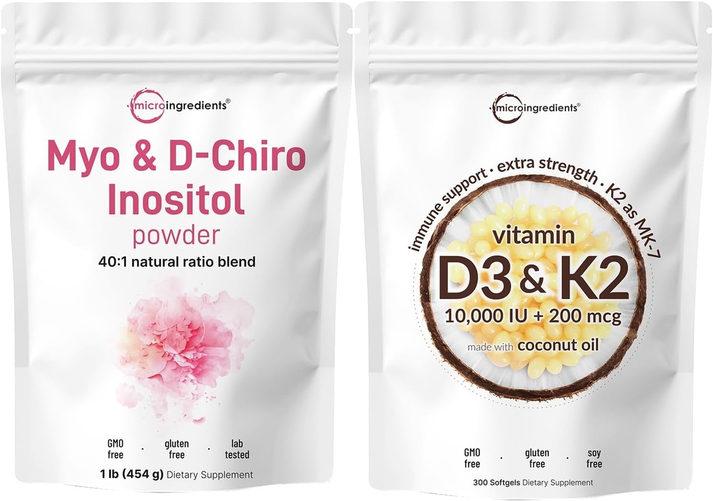 Micro Ingredients Vitamin D3 10,000iu + K2 200mcg Coconut Oil Softgels & Myo & D-Chiro Inositol Powder Bundle 2 Pack | Essential Sunshine Vitamins | Inositol Supplement for Women