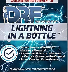 Relámpago en una botella de Dr. Farrah World Renown Medical Doctor TEN 23 High Impact Vitamins &amp; Minerals TENIDO Antioxidante Power of 7 Servings of Fruit & Vegetables ANTE Paleo, Keto, " Vegan Friendly