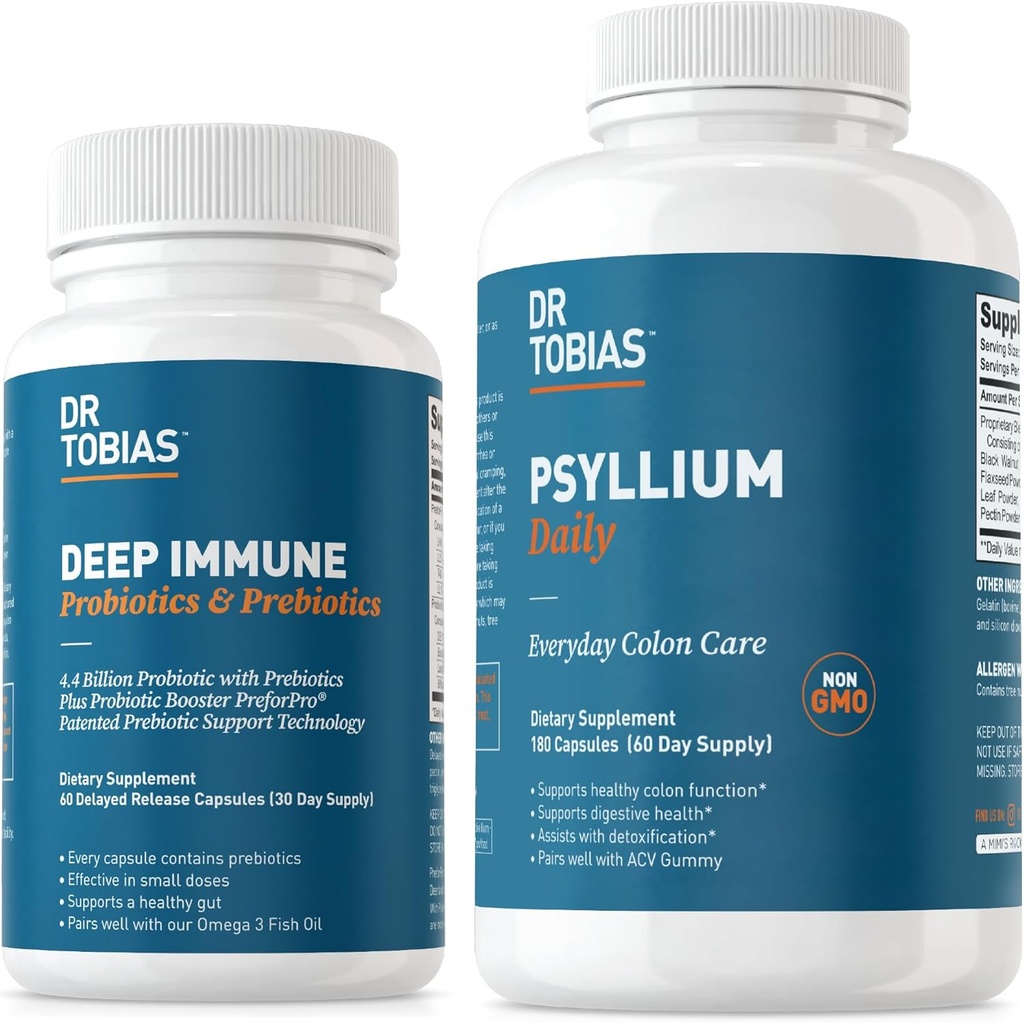 Dr. Tobias Probióticos Inmunitarios Profundas " Prebióticos y Psyllium Daily, apoya la salud digestiva, la función Gut Immune, suplemento diario de fibra en apoyo de la salud fría con 4.4. Billion CFU