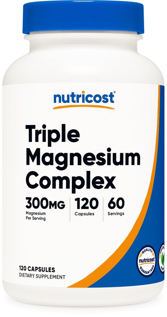 Complejo Triple Nutricost (300mg, 120 Capsules) - de Di-Magnesium Malate, Bisglycinate y Citrate, 60 Servimientos