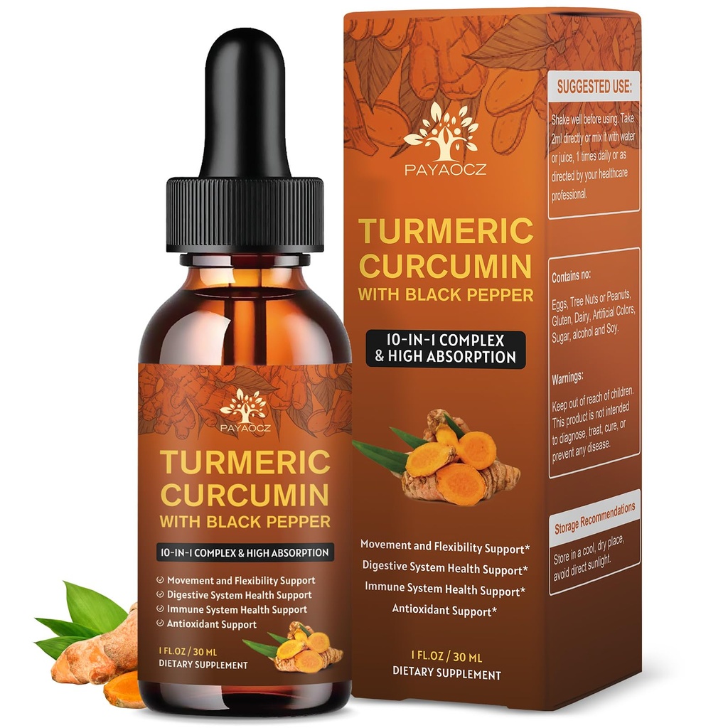 (2 Pack) Suplemento de Curcumina Turmérica Orgánica con Pepper Negro y jengibre - gotas de extracción líquida Turmérica (con canela, romero) - Apoyo a la movilidad y flexibilidad y salud digestiva - 1 Fl Oz