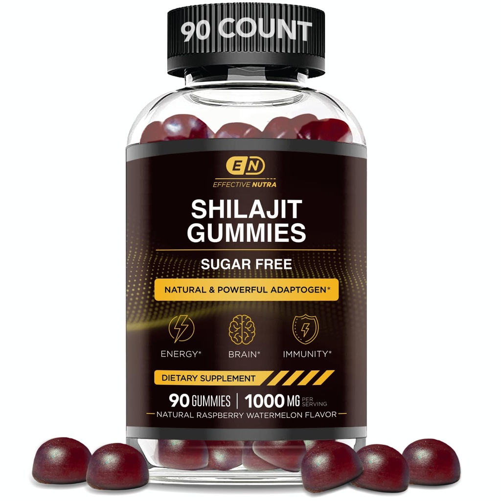 EFFECTIVE NUTRA Shilajit Gummies 1000mg ← Pure Shilajit Resin for Energy, Brain &amp; Immunity tención Suplemento para Hombres &amp; Mujeres ← Vida libre de azúcar, Vegan, libre de gluten para la vida natural de Berry Flavor, Made in USA (90ct)