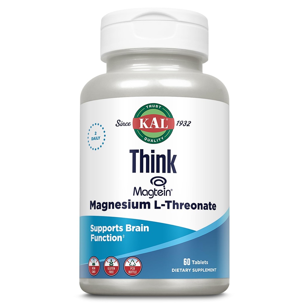 KAL Think Magnesium L-Threonate 2000 mg ← Aprendizaje, Salud cerebral &amp; Función de memoria Soporte w/Magtein ← Vegan, No Gluten " Non-GMO ← 60 Tablets