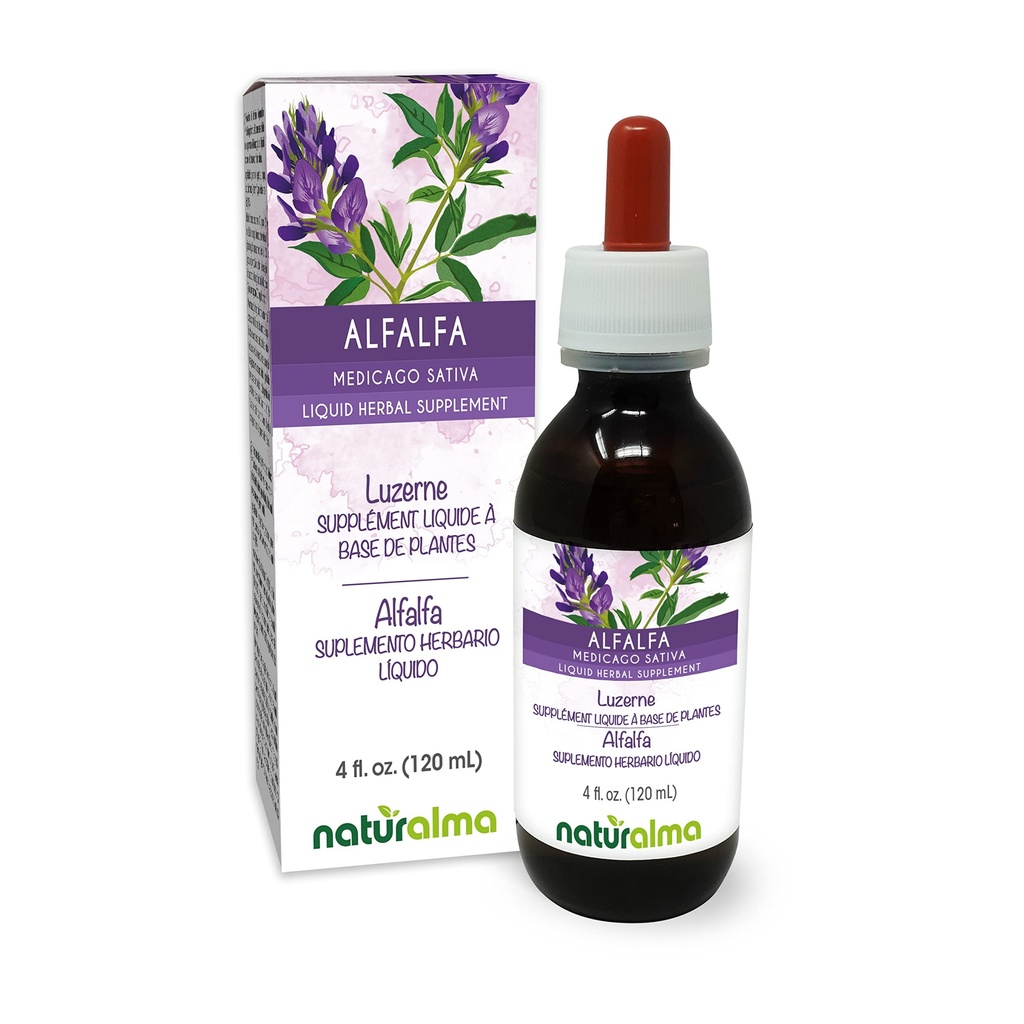 Naturalma Alfalfa o Lucerna (Medicago Sativa) hierba con Flores Tintura libre de alcohol - Rico en clorofil natural - 4 fl oz Extracto líquido en gotas - Suplemento herbal - Vegan