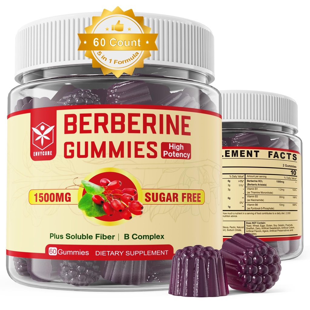 Suplemento bereberina 1500mg con fibra soluble, B1, B3 &amp; B6, azúcar libre bereberina HCL Gummies, alta biodisponibilidad AMPK Activitor for Mętâbõlism Balanced, Daily Digestive & Body Mânâgęmęnt, 60 Cts