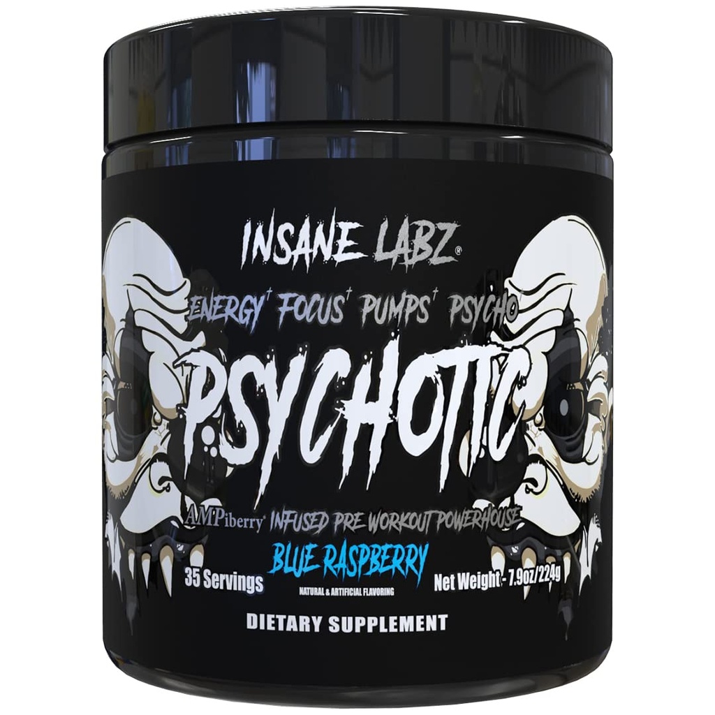 Insane Labz Psychotic Black Edition Mid Stimulant Pre Workout Powder, Energy Focus Pumps, Loaded with Creatine Beta Alanine Taurine Fueled by AMPiberry, 35 Servings (Blue Raspberry)