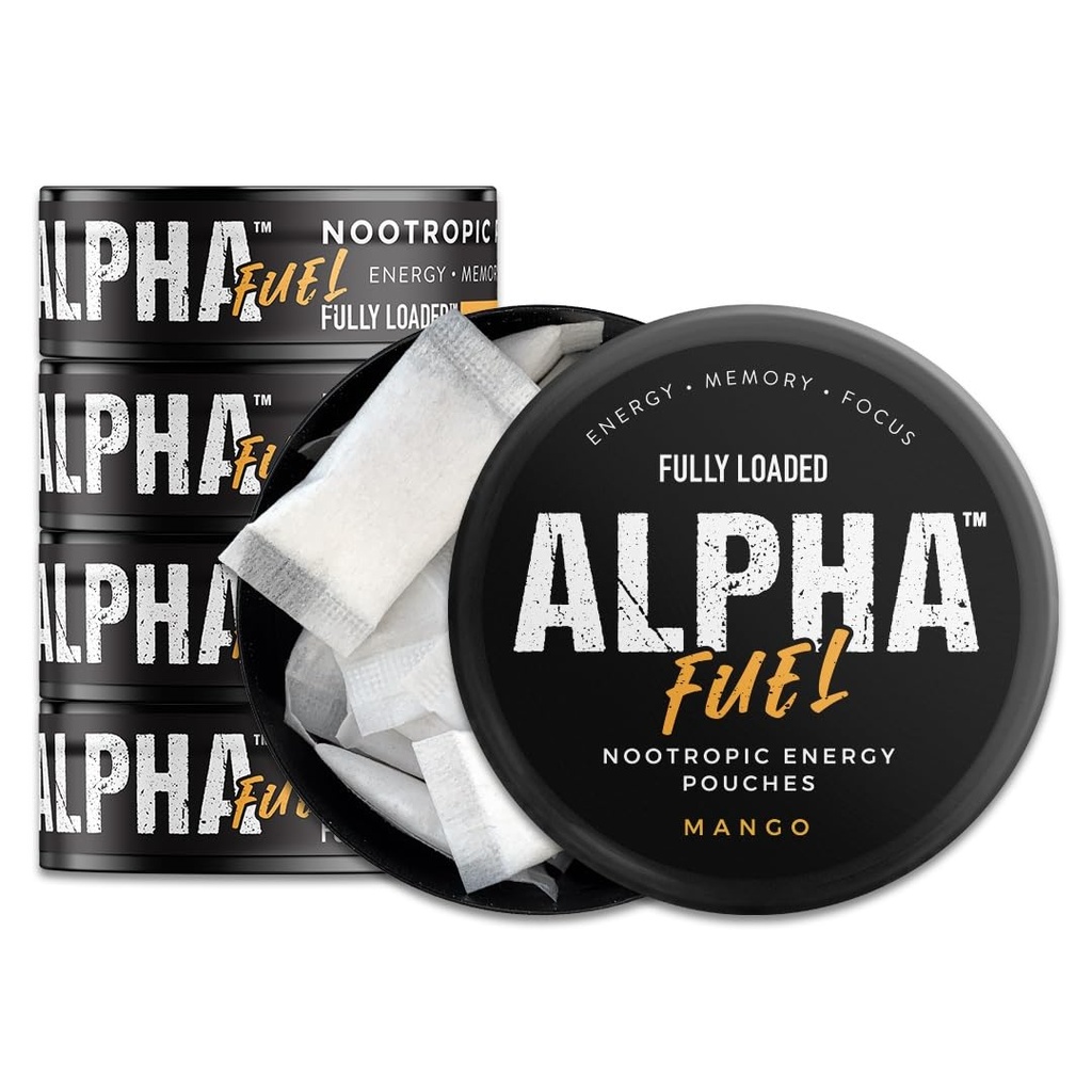 Fully Loaded Alpha Fuel Nootropic Pouches (Mango Fuel) - 5 cans, 15 Pouches per can - Energy Pouches containing Caffeine and nootropic Blend