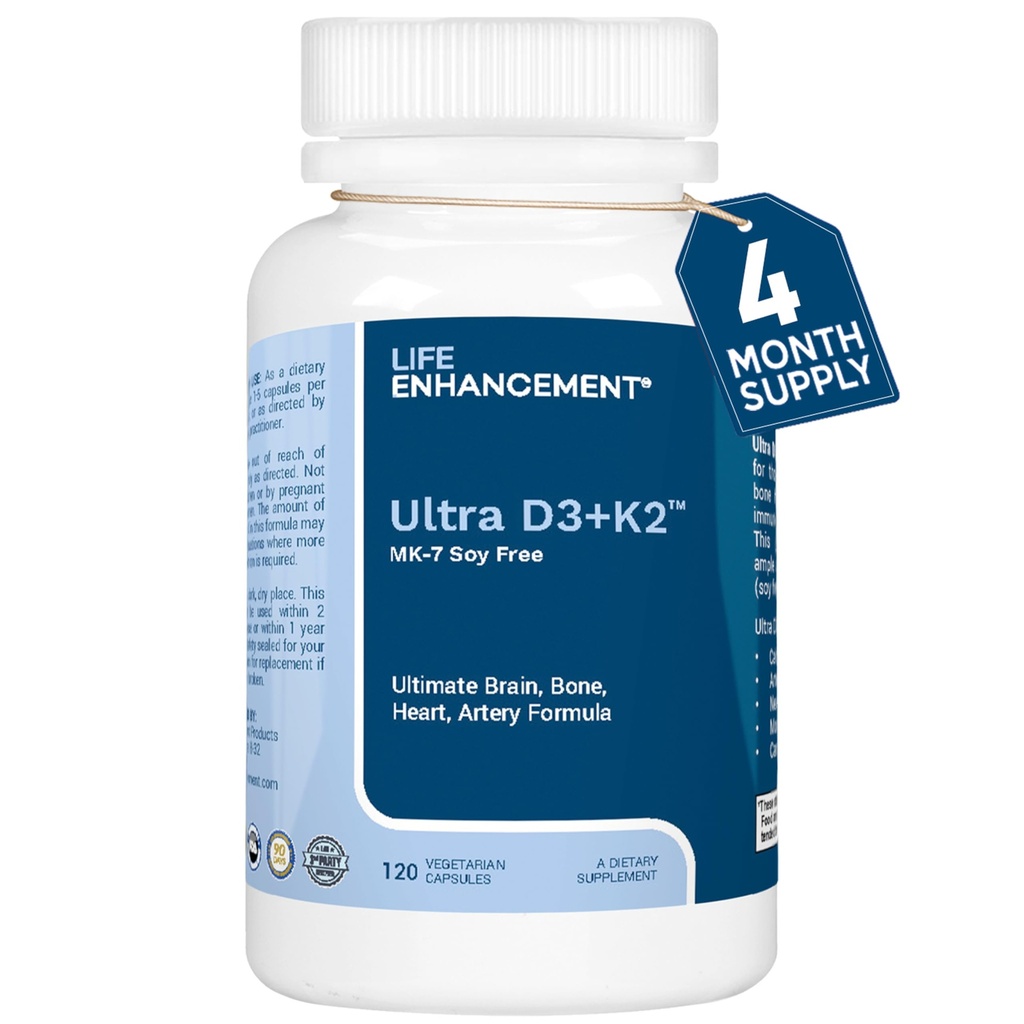 Life Enhancement Vitamin D3 K2 2000iu Supports Muscle & Brain Health - D3 K2 Supplement Helps in Immune and Cardiovascular Support - Made in USA (120 Vegetarian Capsules)