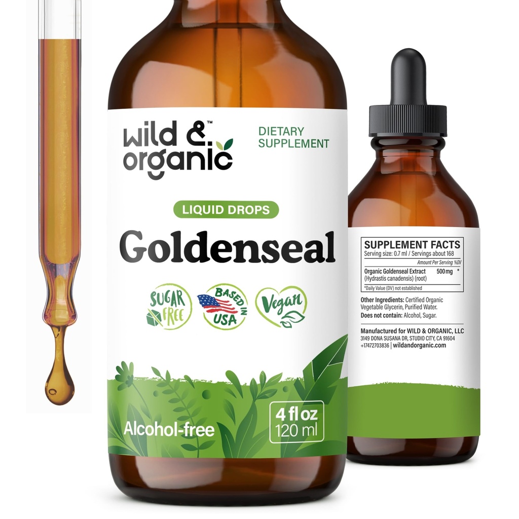 Tintura de Goldenseal Salvaje y Orgánica - Soporte Digestivo Pulido - Goldenseal Root Extract Liquid Drops - Vegan, Azúcar &amp; Alcohol-Free Herb Suplemento - 4 fl oz