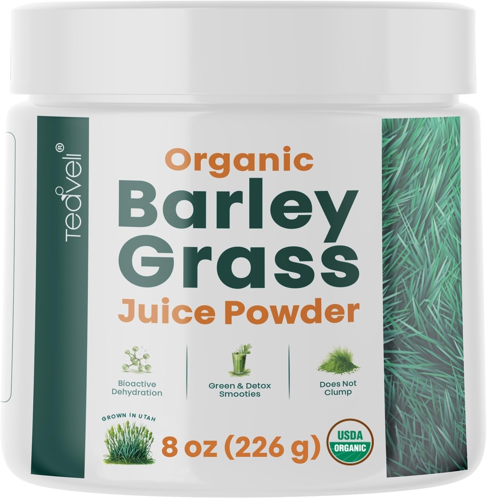 Teaveli Organic Barley Grass Juice Powder– Raw, Utah Grown Barley Grass Juice Extract for Detox- Complements Wheatgrass Juice- Made in USA Without Gluten, Additives or Preservatives- 8 oz (226 Grams)