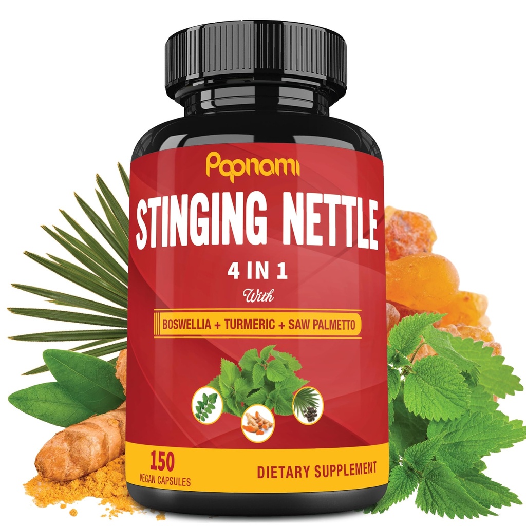 Stinging Nettle Extract Capsules - 4in1 Combined with Boswellia, Turmeric & Saw Palmetto - 150 Counts for 5 Months - Supports Joint, Body Management, Skin, Hair & Immunity