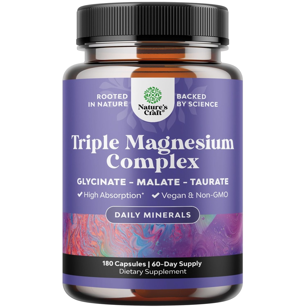 Suplemento Complejo de Magnesio Triple - Alta Absorción Magnesium Glycinate, Malate &amp; Taurate Blend for Muscles Energy Support & Heart Health - Triple Mg Complex 400 mg Capsules - 180 Conde