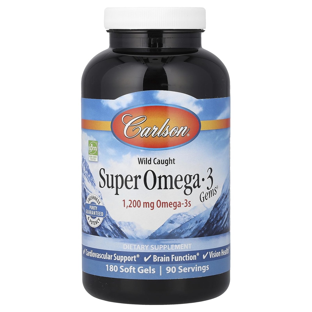 Carlson - Super Omega-3 Gems, 1200 mg Omega-3, Cardiovascular Support, Brain Function & Vision Health, 180 geles blandos