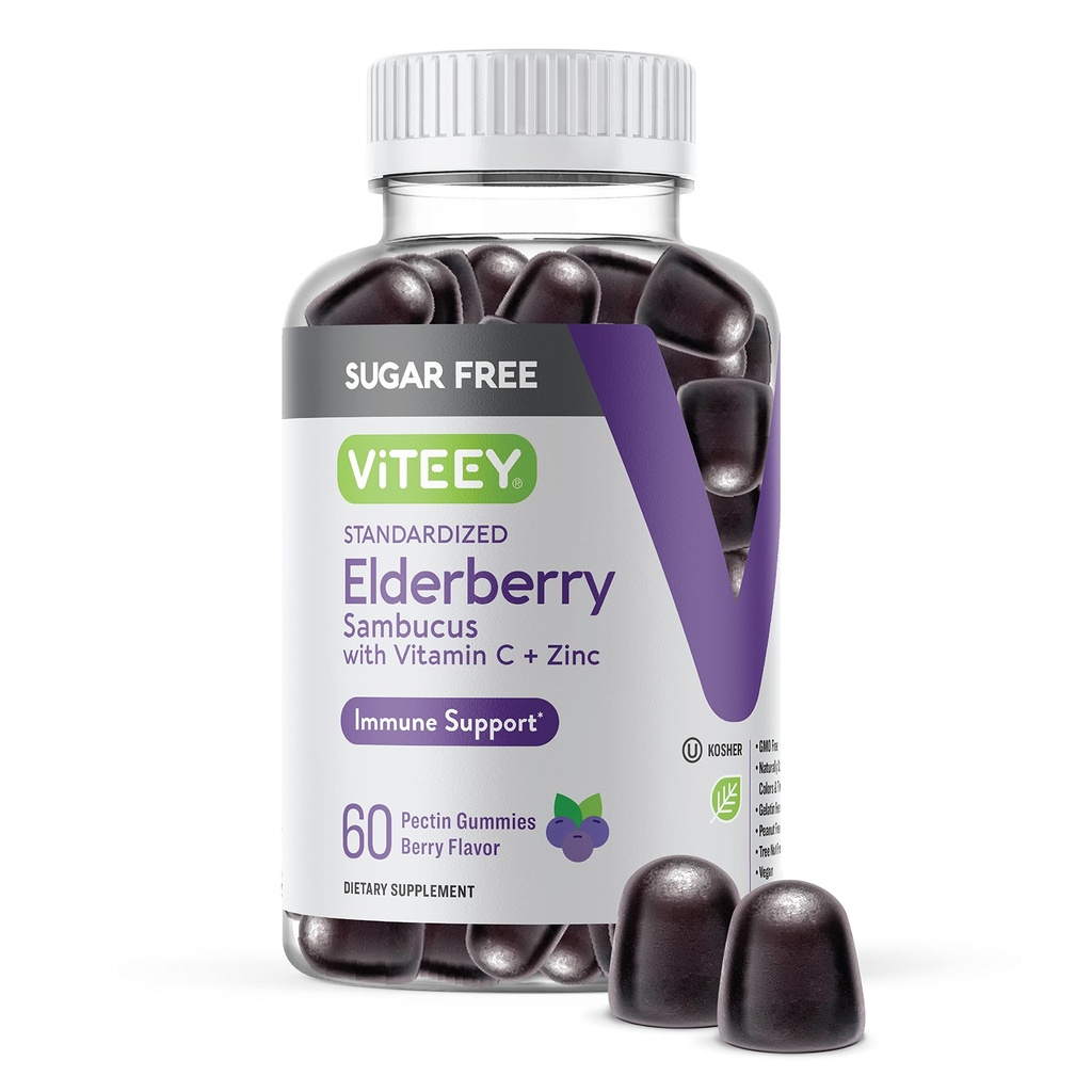 VITEEY Sambucus Elderberry Gummies for Adults & Teens + Zinc & Vitamin C - Sugar Free - Immune Support & Booster Herbal Supplement - Vegan, Gluten Free, Gelatin Free, GMO Free, Chewable Berry Flavored