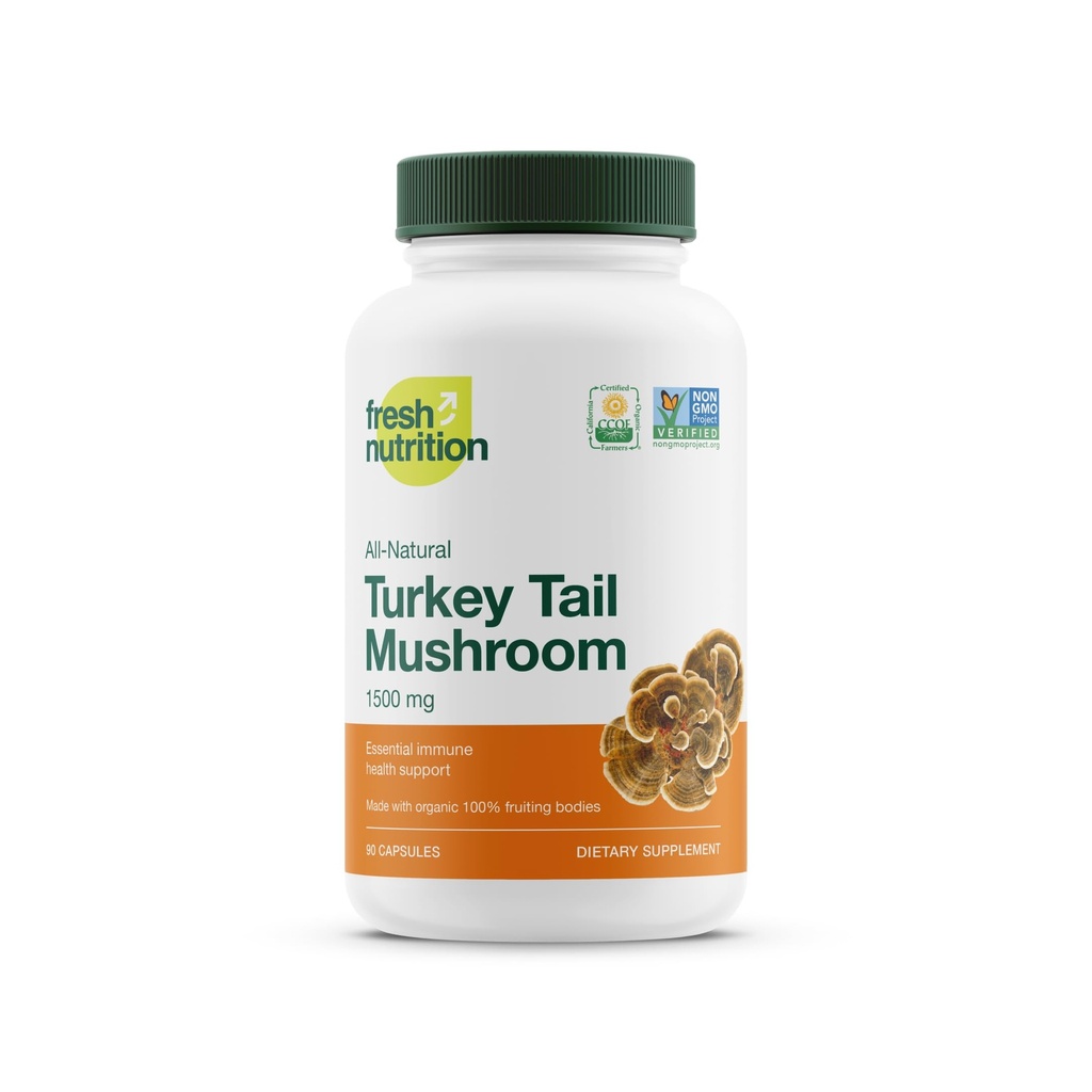 Fresh Nutrition Organic Turkey Tail Mushroom Extract Supplement - High in Beta Glucans – Non-GMO, Vegan Friendly, Gluten-Free - 90 Capsules
