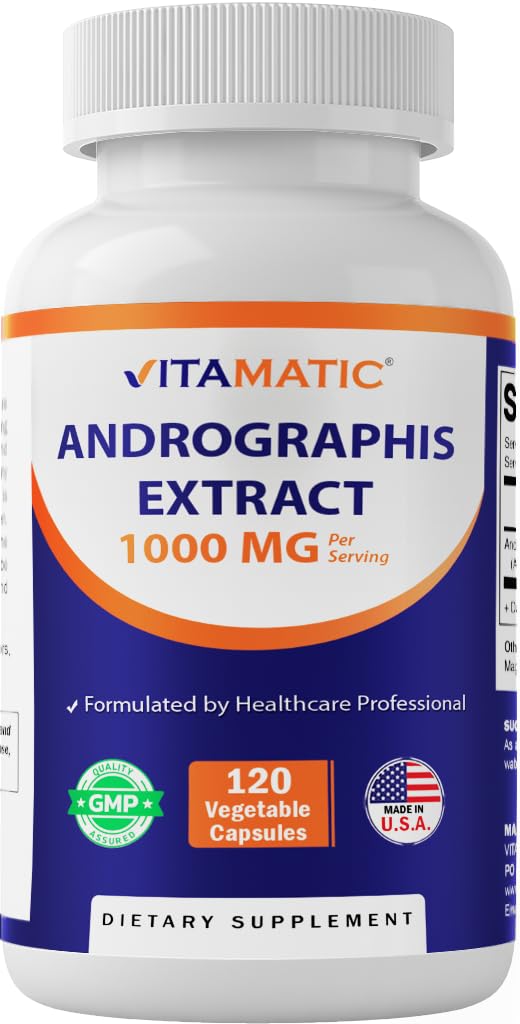 Vitamatic Andrographis Extract 1000 mg Por Serving - 120 Veg Capsules - 20X Extract, 100% Vegetariano, All-Natural, Gluten Free, Non-GMO