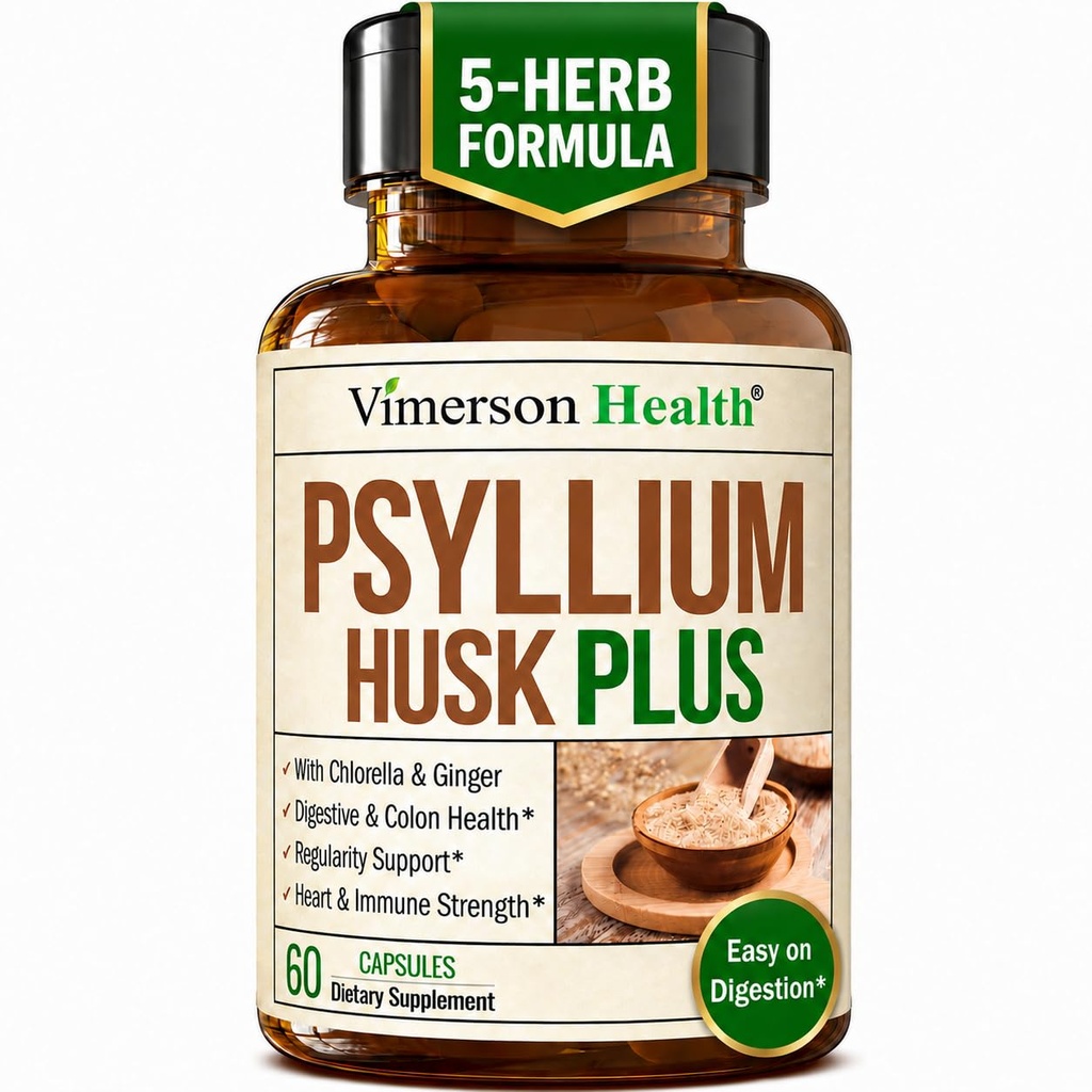 Suplemento de fibra con 1080mg Psyllium Husk Powder, Elm Slippery para Hombres, Ginger Root – High Fiber Pills for Regularity, Digestive & Gut Health – Gentle on Stomach 60 Psyllium Husk Capsules
