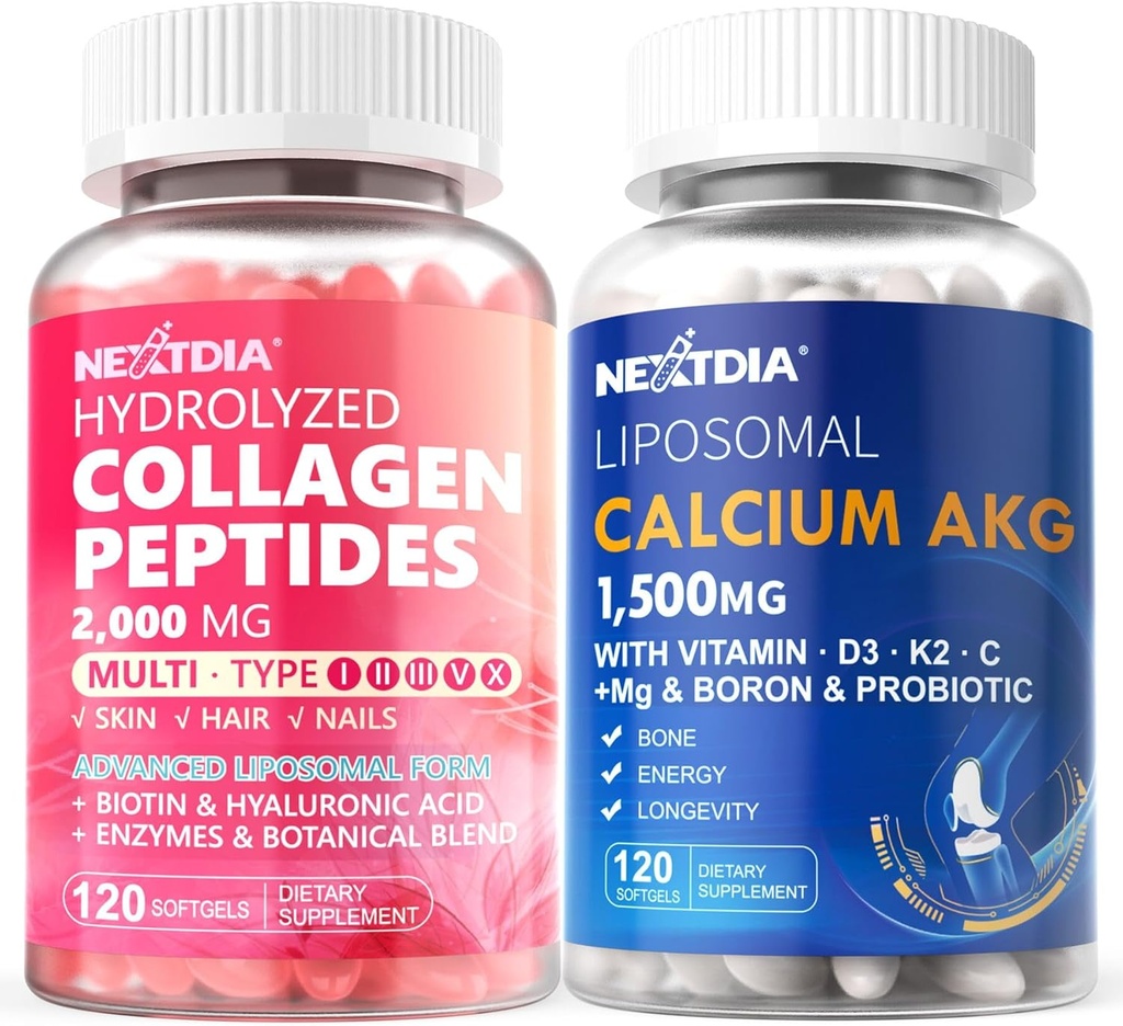 Pilles de colágeno hidrolizado + Calcio Liposomal AKG Suplemento 1500mg