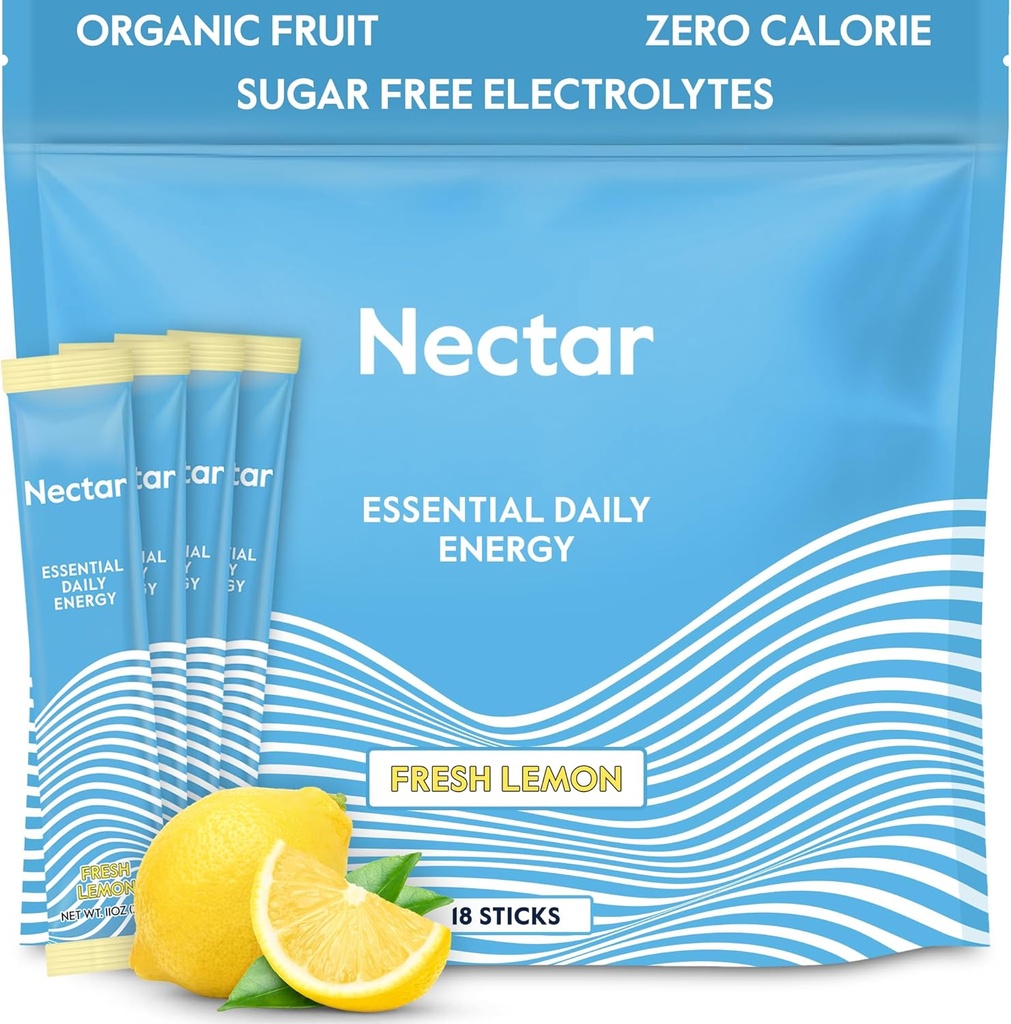 Nectar Energy Booster - Caffeine orgánica, B12 &amp; Electrolytes - Sugar Gratis " Cero Calorie - Café sano, bebida energética " Alternativa Soda - Hydration " Energy Supplement (Lemon 18 Powder Packets)