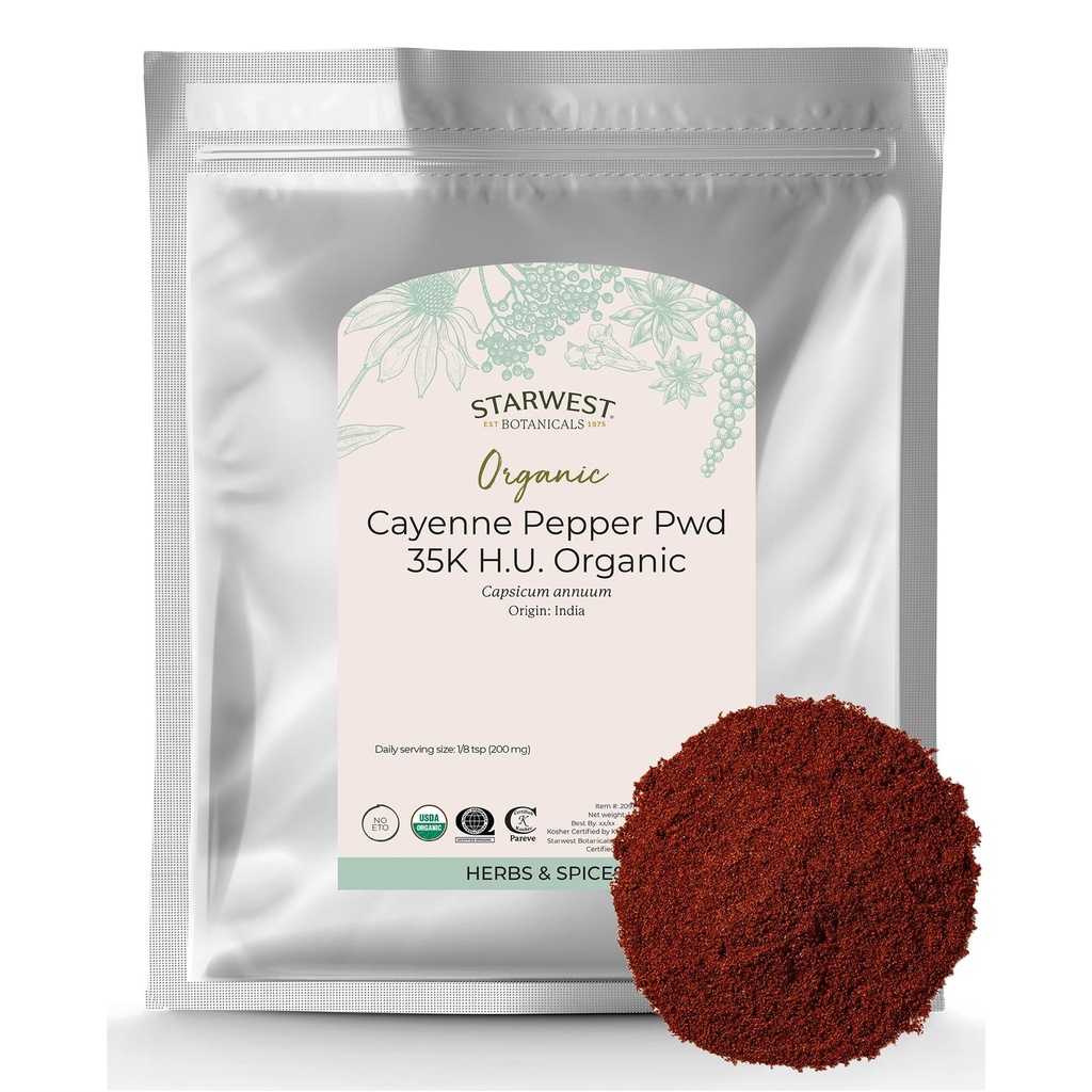 Starwest Botanicals Organic Cayenne Pepper Powder 35k HU - Adds Heat, Red Pepper Spice for Seasoning & Marinades, Derived from Capsaicin, Certified Kosher, Non-GMO - Bulk 1 lb Bag