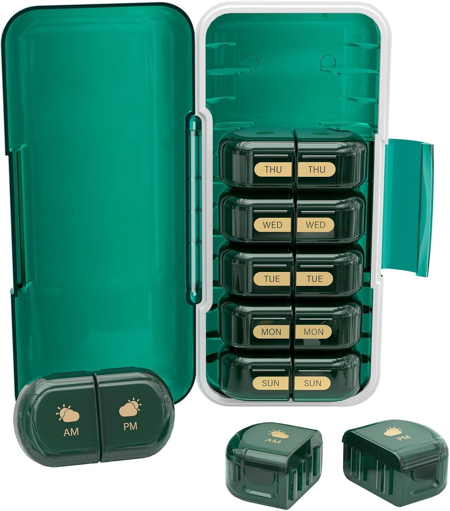 Organizador semanal de píldoras 2 veces al día, Moisture-Proof, Compartimientos desmontables, AM PM Pill Box 2X 7 Día, Organizador de píldoras/Fish Oil/Medication/Vitamin/Supplements (Dark Green)