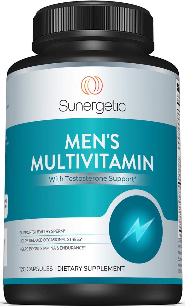 Suplemento de apoyo Sunergetic Premium Men’s – Powerful Multivitamin– apoya la energía, la resistencia, la resistencia y la gestión del estrés – con Zinc, Ashwagandha, Maca, L-Carnitina & Vitaminas – 120 cápsulas