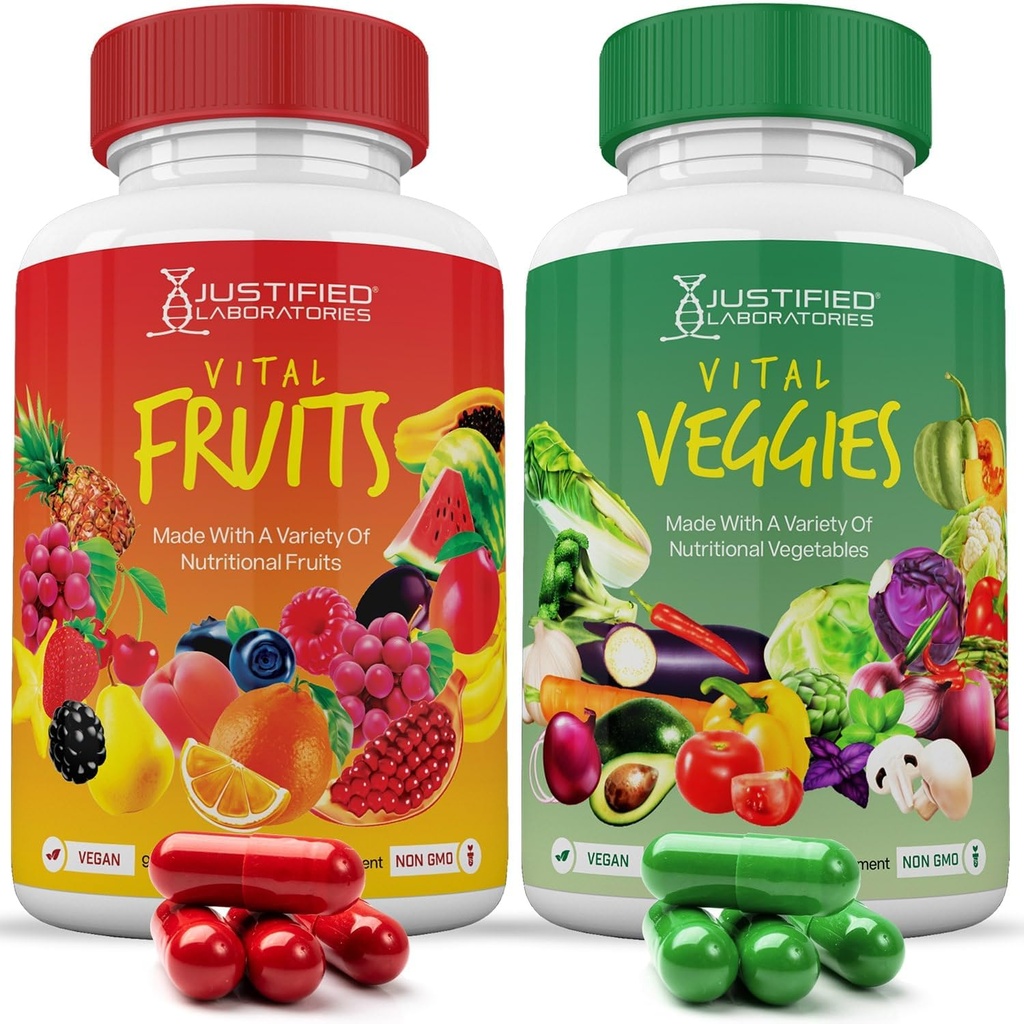 Justified Laboratories (Set of 2 Vital Fruits and Veggies Supplement Red & Green Superfoods Whole Food Non GMO Vegan Friendly 180 Veggie Capsules 2 Bottles
