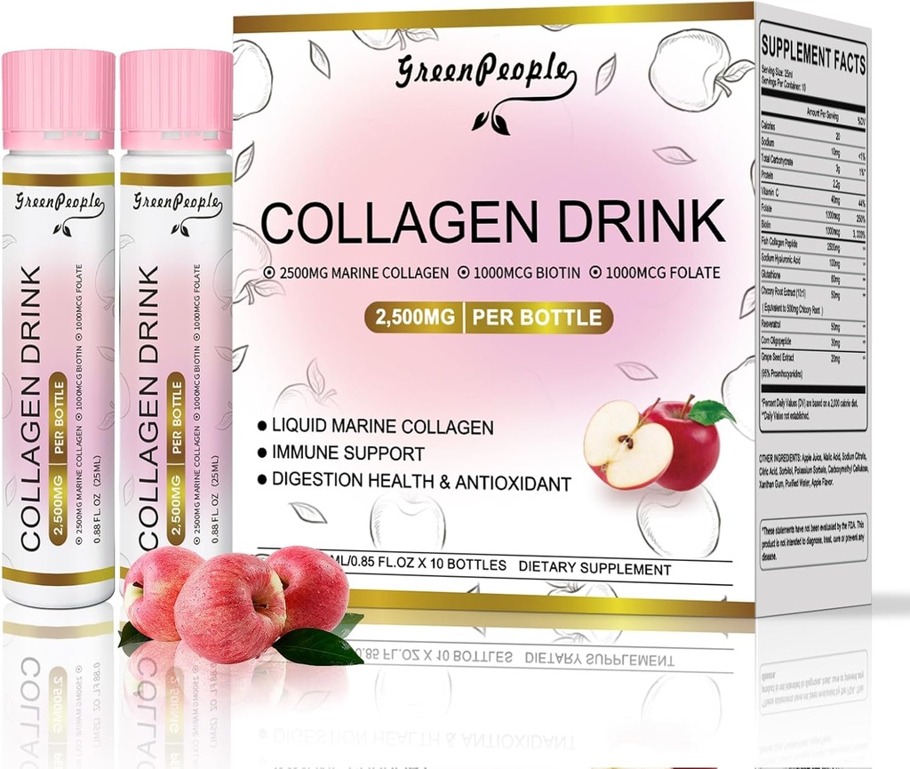 Colágeno líquido GREENPEOPLE para hombres y mujeres, péptidos colágenos de pescado + ácido hialurónico + vitamina Bs " C, uñas de piel de pelo Juntas Soporte de huesos (0.85 fl oz, 10 botellas, Apple)