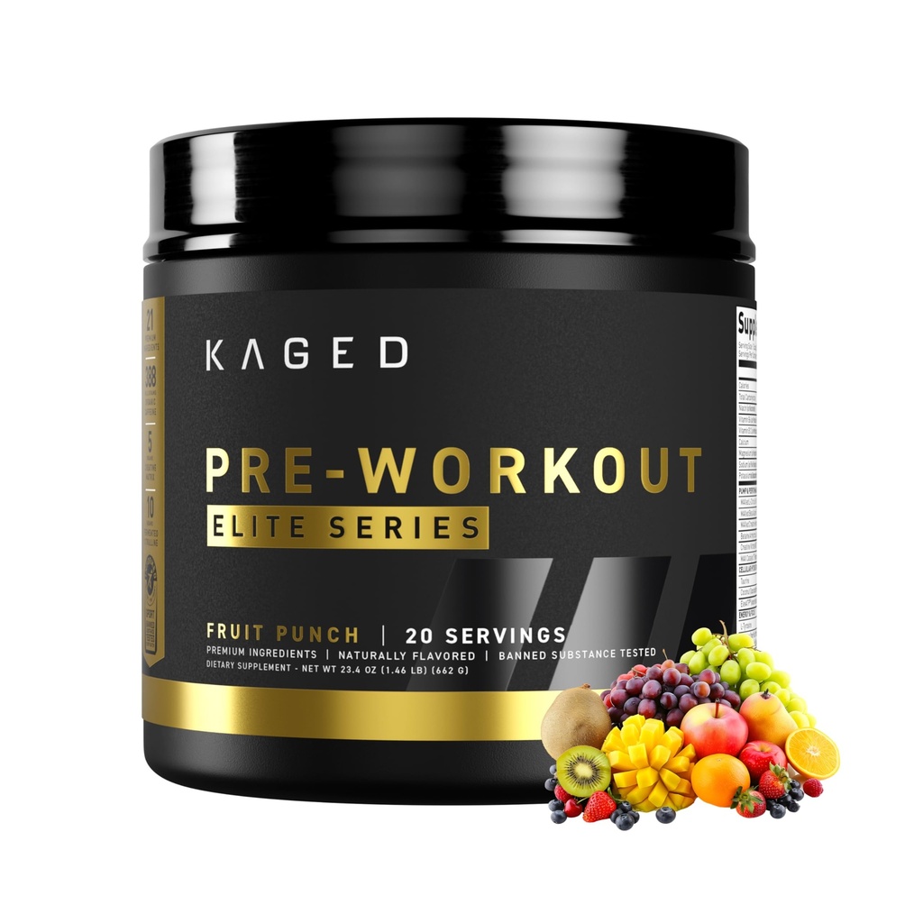 Kaged Pre Workout Elite Powder ← Fruit Punch ← Pre-Workout with Creatine, Beta Alanine, L-Citrulline, BCAAs ← 388 mg Orgánica Caffeine ← Pre Supplements for Men &amp; Women ← 20 Servings