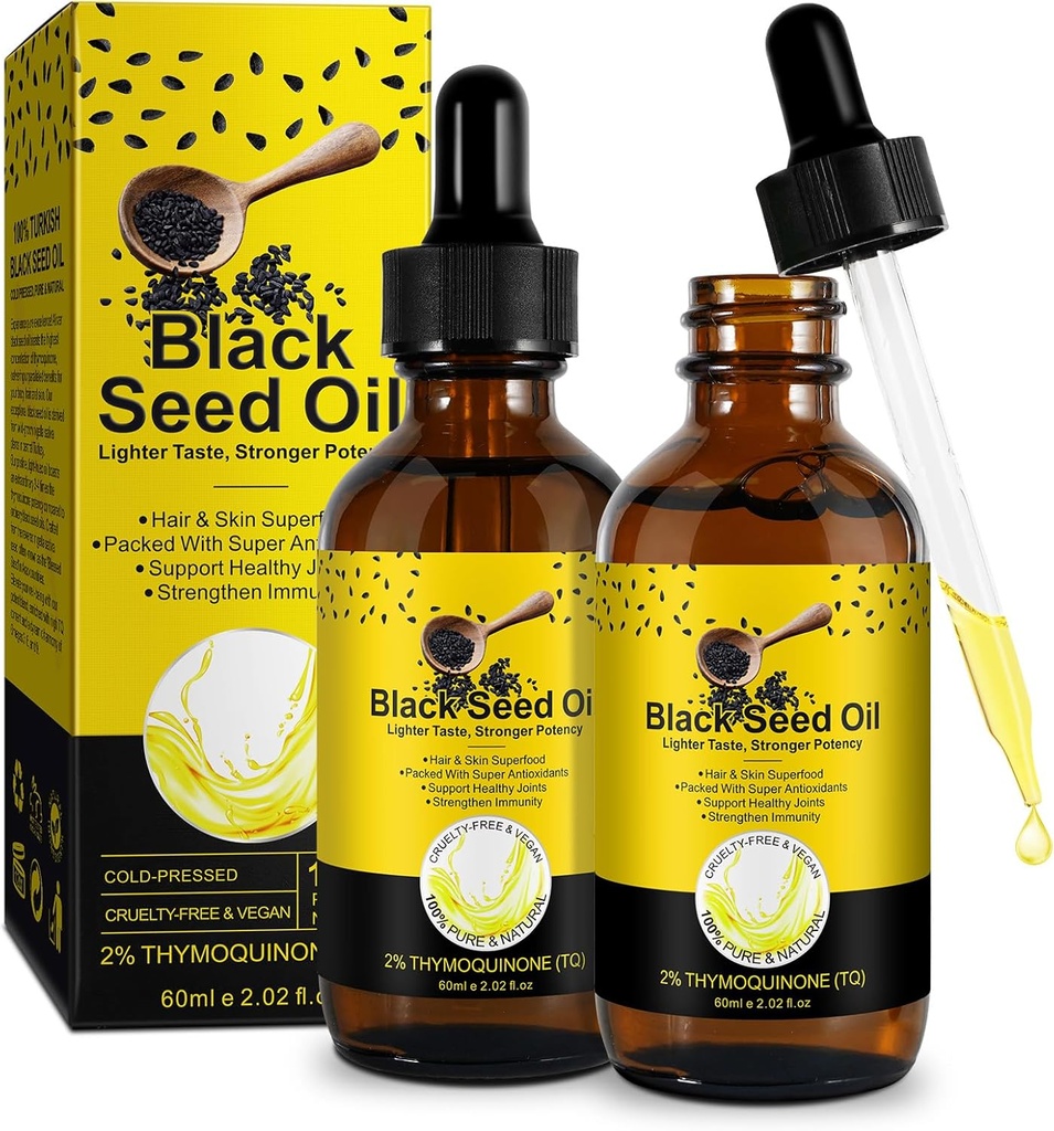 Aceite de semillas negras 2PACK, 100% de semillas negras puras Aceite frío prensado sin refinar, rico en vitamina D3, K2 &amp; E, Black Seed Oil Drop Suplemento de la gota para soporte de inmuno, non-GMO (2x60ml)